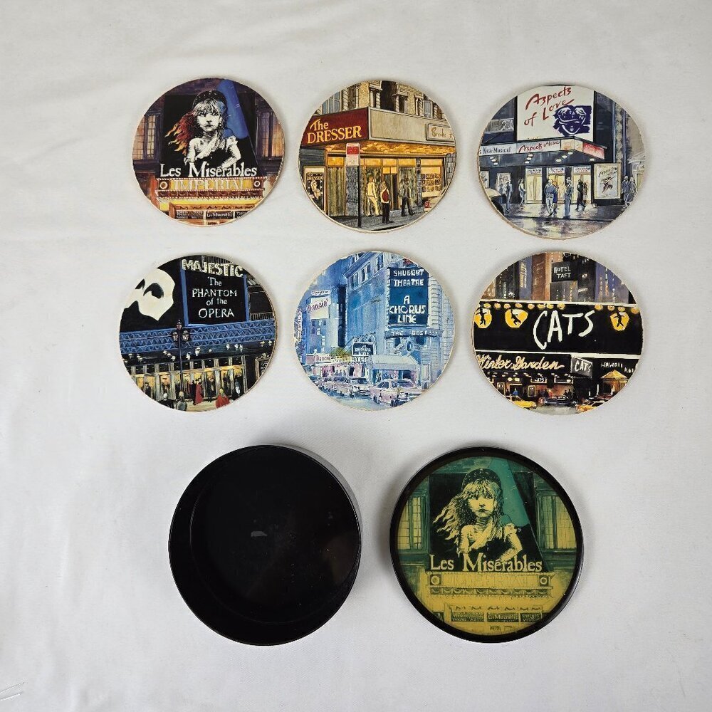 Broadway Play Coasters, Set of 6 in Plastic Holder Les Miserables Vintage